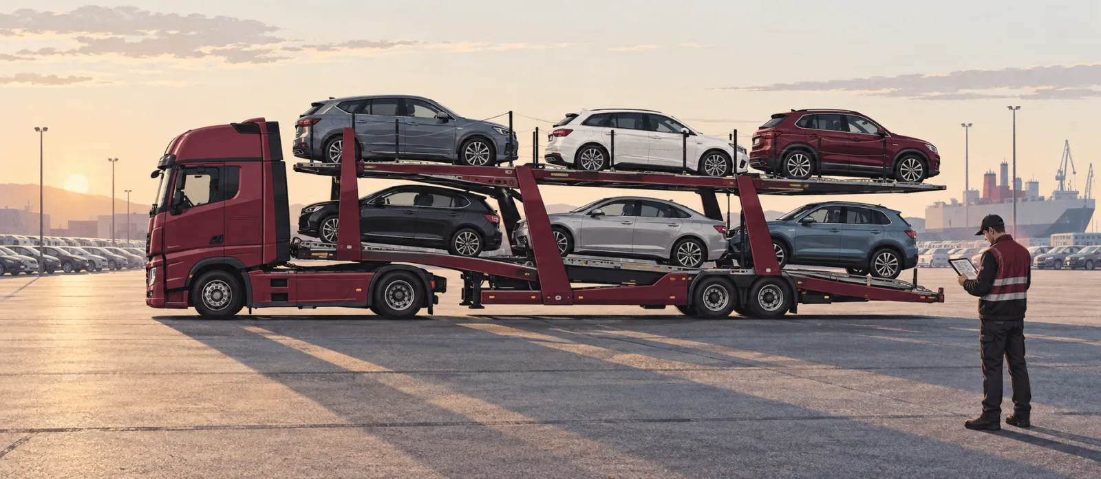 Illustration of a driver checking a tablet beside a loaded car transporter before departure.
